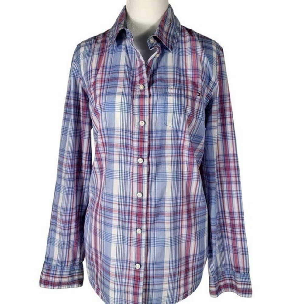 Tommy Hilfiger Womens Plaid Button Down Shirt Blue Red‎ White Cotton Large L